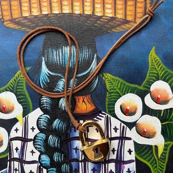 GOLD TONE Locket Necklace on Leather Cord - Picture 3 of 5